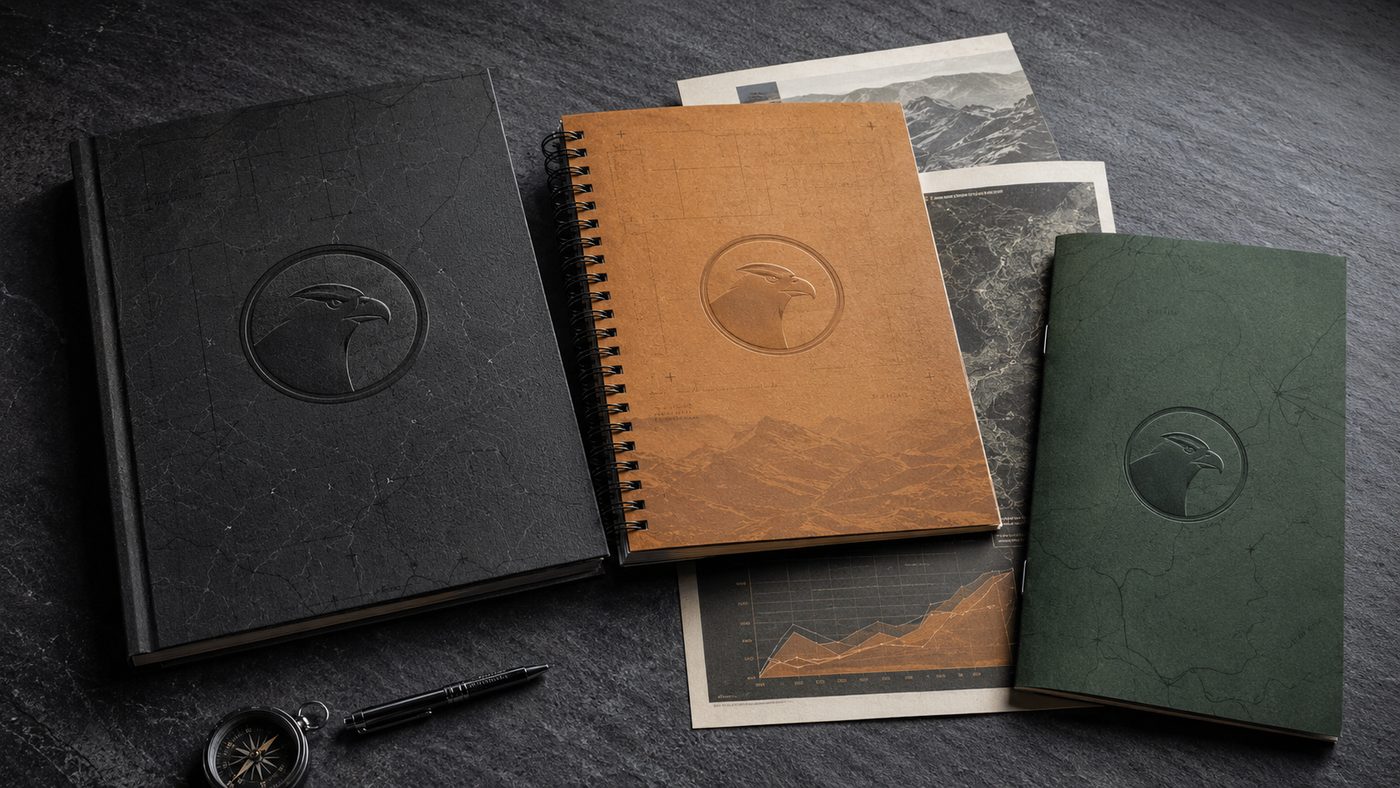 Bound report covers and a field notebook on a dark desk, embossed and stacked.