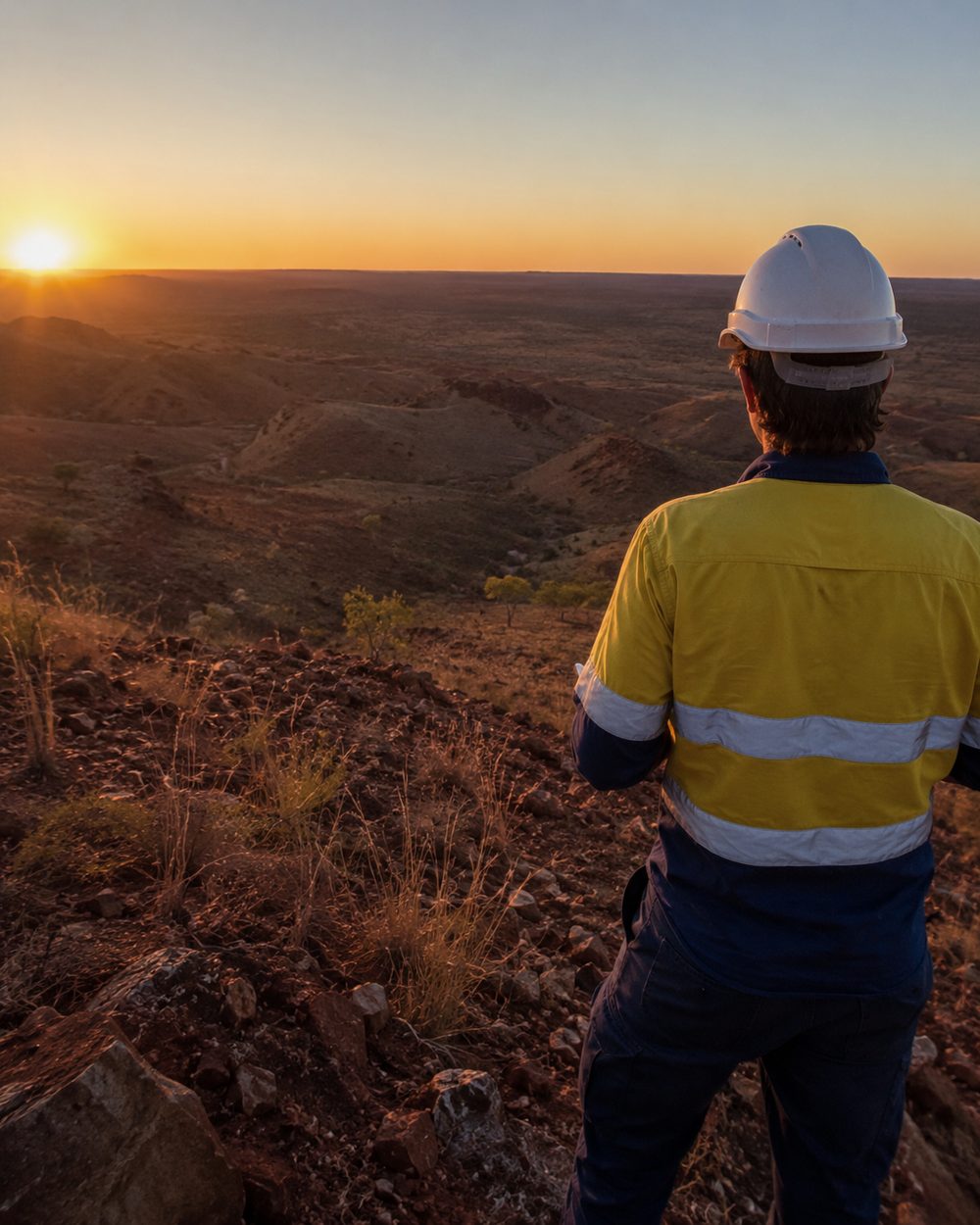 A worker in hi-vis standing on a ridge at first light, looking out over open country.