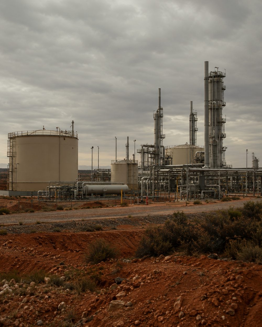Gas processing infrastructure under an overcast sky, tanks and pipework on cleared red ground.