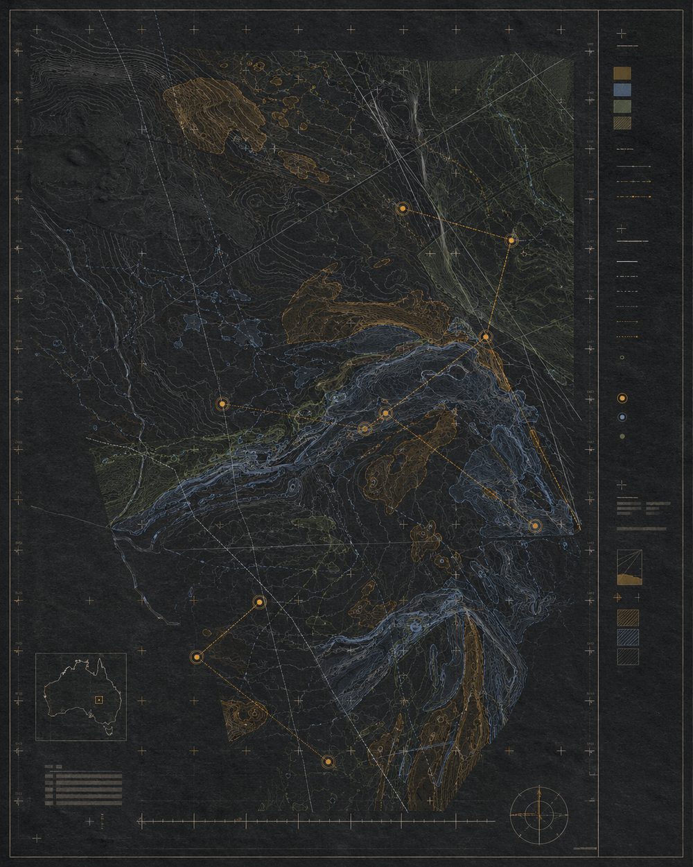 A dark mapping interface showing vector traces, drainage and annotated points across a survey area.
