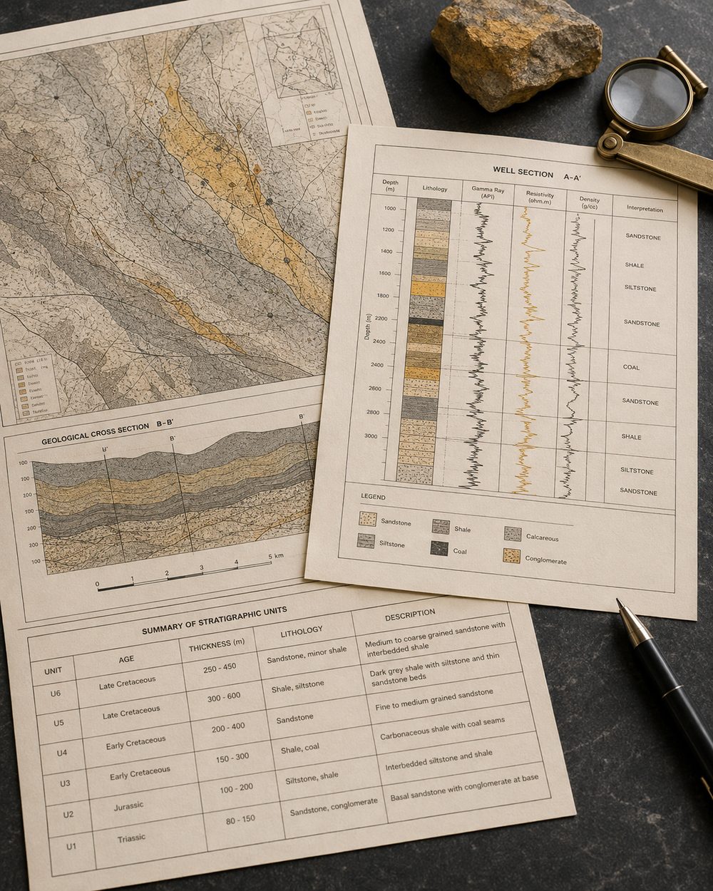 Well logs and stratigraphic sections spread across a desk with a core sample and hand lens.