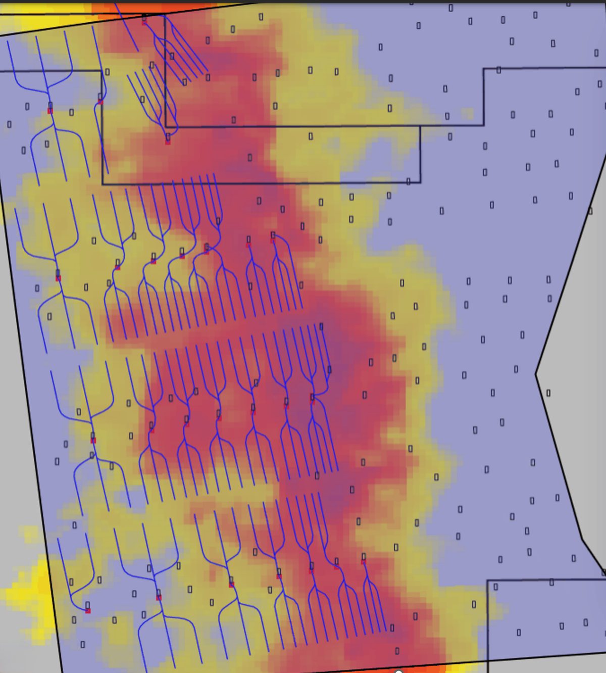 Development plan map generated in DEKS, showing well locations, gathering network and constraint layers across a tenure.