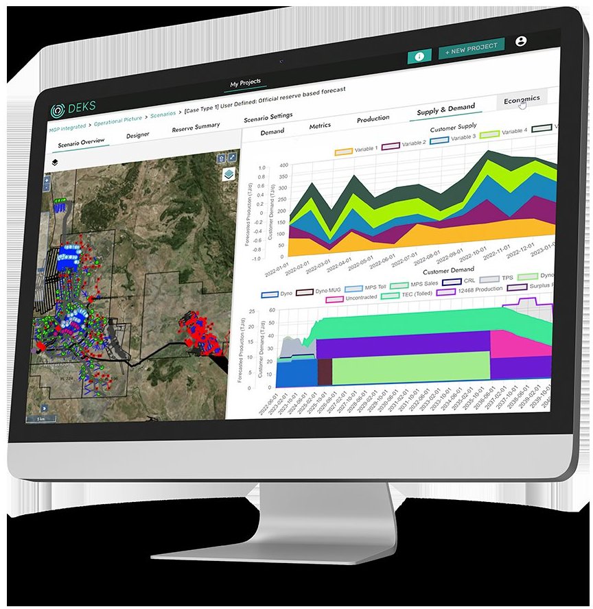 DEKS on screen, showing a tenure map beside charts comparing supply, demand and production across cases.