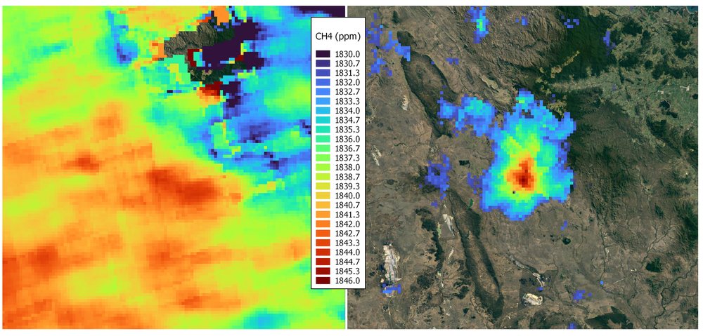 Satellite methane retrieval over a Bowen Basin open-cut mine, showing a concentration plume in false colour beside the corresponding satellite image.