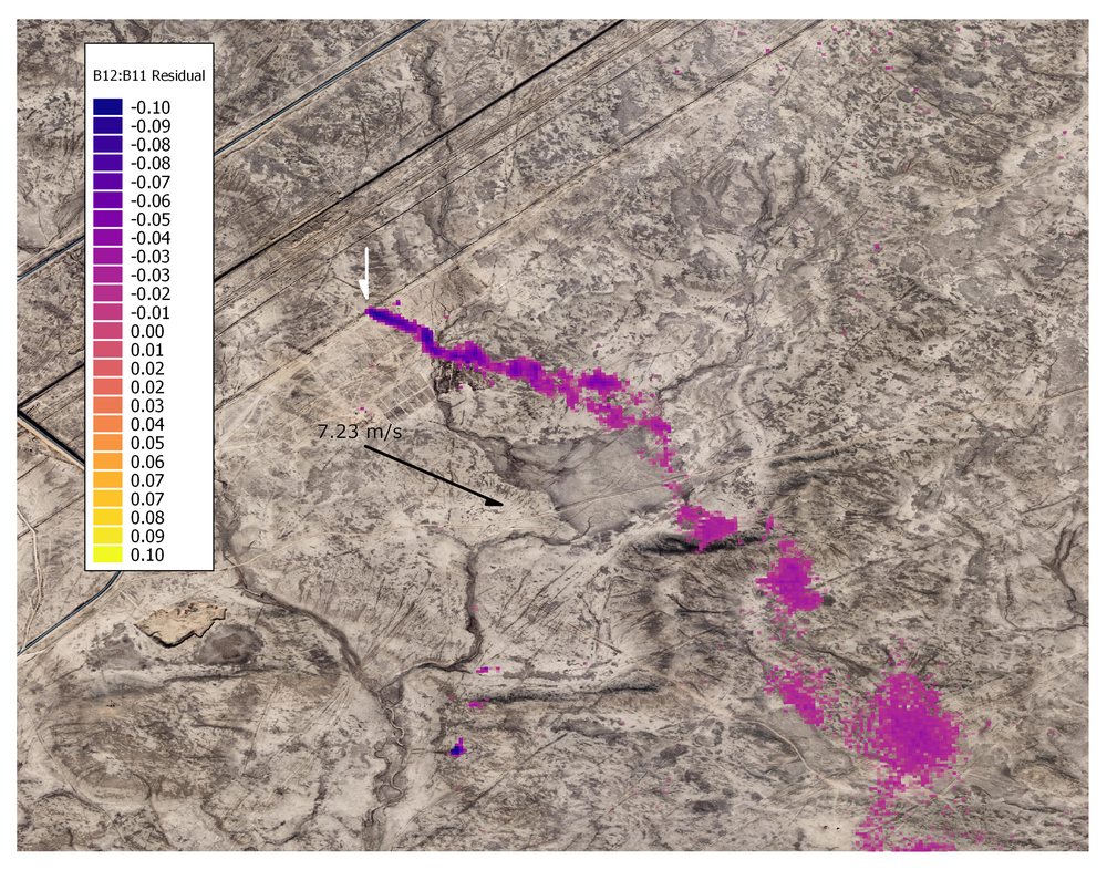 Sentinel-2 methane enhancement showing a large plume from a natural gas pipeline in Kazakhstan on 21 September 2020.