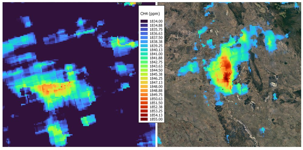 Satellite methane retrieval over Moranbah North in November 2020, plume shown in false colour beside the true colour scene.