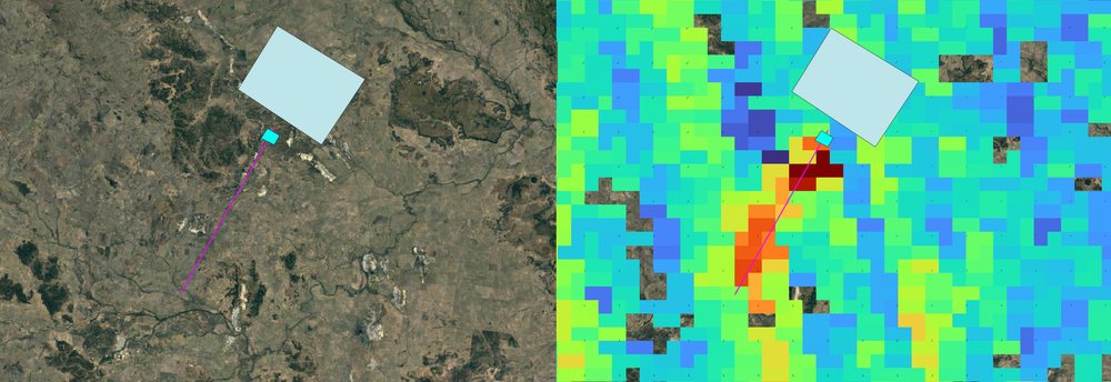 Satellite methane retrieval over Oaky Creek mine on 6 October 2019, plume shown in false colour beside the corresponding true colour image.