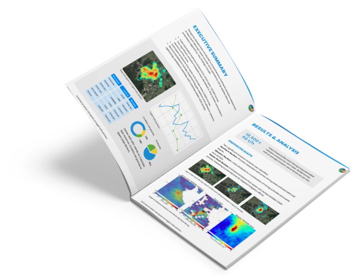 An open methane intelligence report, showing retrieval imagery, charts and interpretation across a spread.